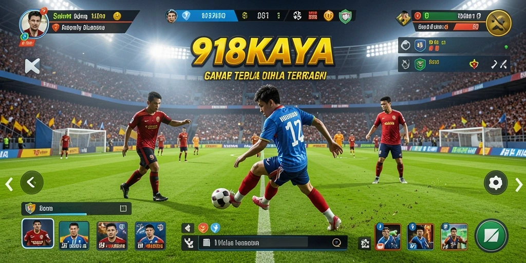 Screenshot utama menampilkan aksi intens dalam permainan sepak bola.