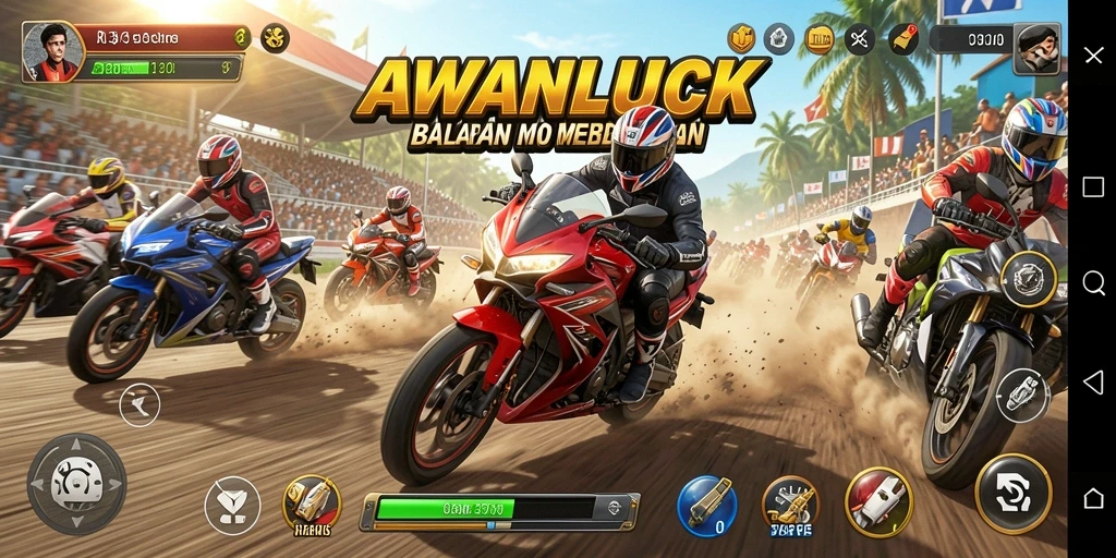 Screenshot gameplay menampilkan aksi balap motor yang seru.