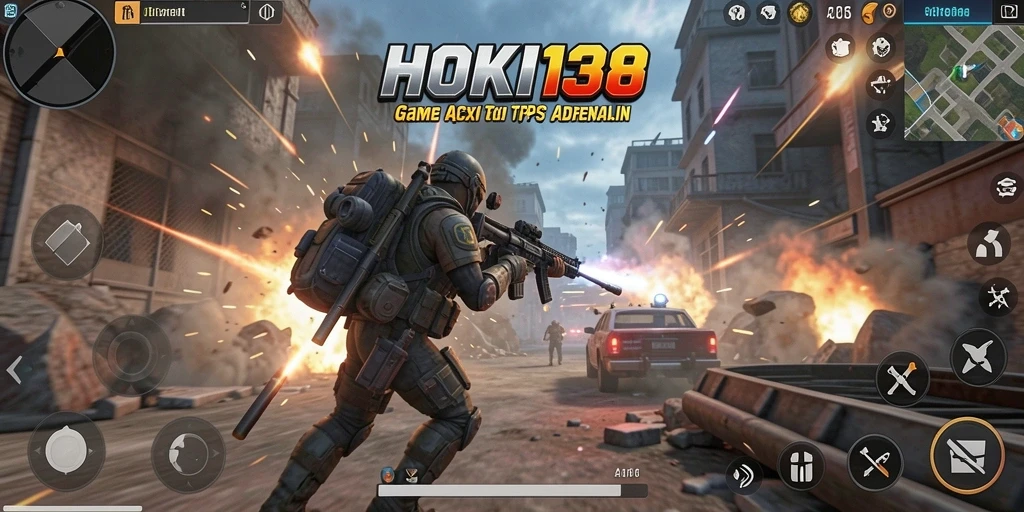 Screenshot utama HOKI138 menampilkan aksi cepat dalam gameplay TPS.