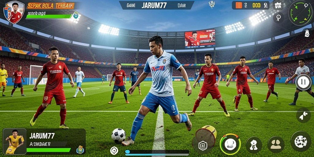 Tampilan gameplay seru di JARUM77 dengan aksi sepak bola.