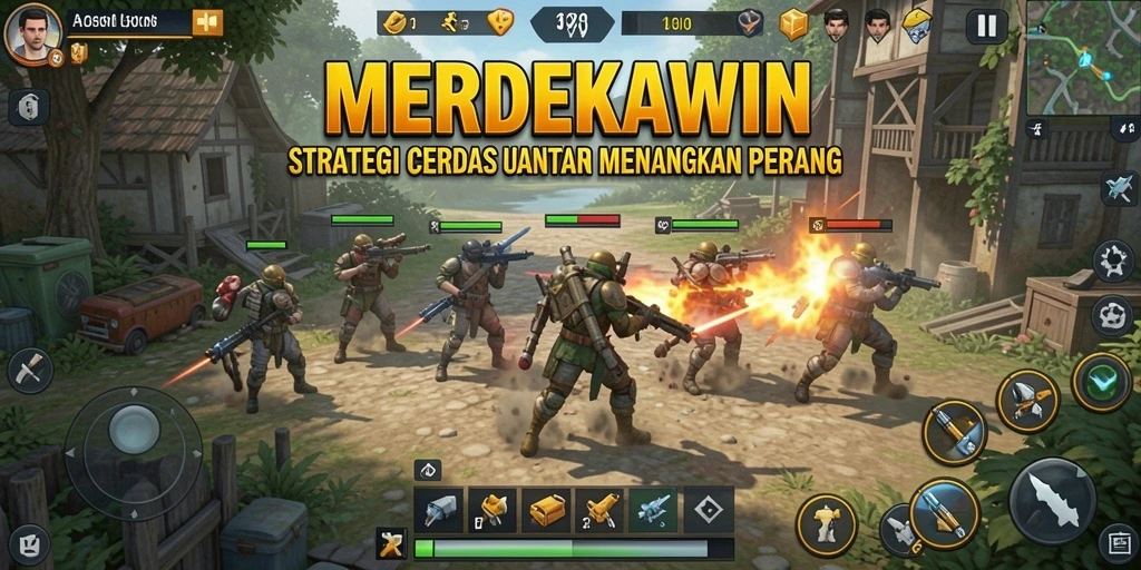 Screenshot gameplay menarik dari MERDEKAWIN menampilkan pertempuran strategis.