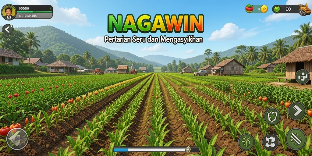 Screenshot gameplay NAGAWIN dengan pemandangan ladang yang indah.