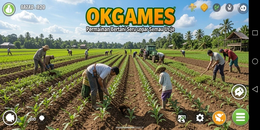 Screenshot utama OKGAMES menampilkan aktivitas bertani yang seru.