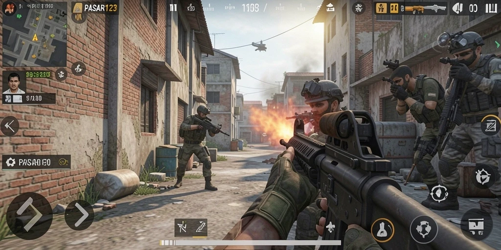 Tangkapan layar dari aksi mendebarkan dalam PASAR123 dengan gameplay FPS yang intens.