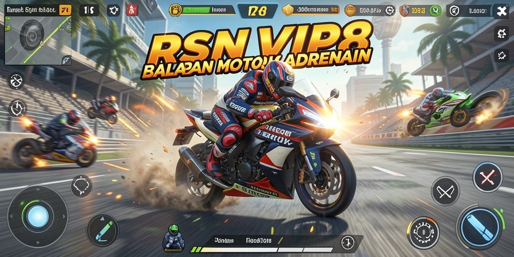 Screenshot gameplay RSNVIP8 menampilkan aksi balapan motor yang mendebarkan.