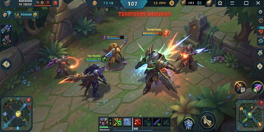 Tampilan seru gameplay MOBA di TEMPUR99 dengan pertempuran intens.